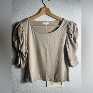 Leith Tan Crop Blouse with Puff Sleeves and Ruched Style